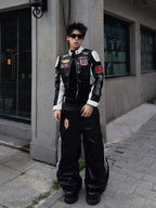 VINTAGE BIKER PU LEATHER EMBROIDERED STAND COLLAR CROPPED RACING JACKET