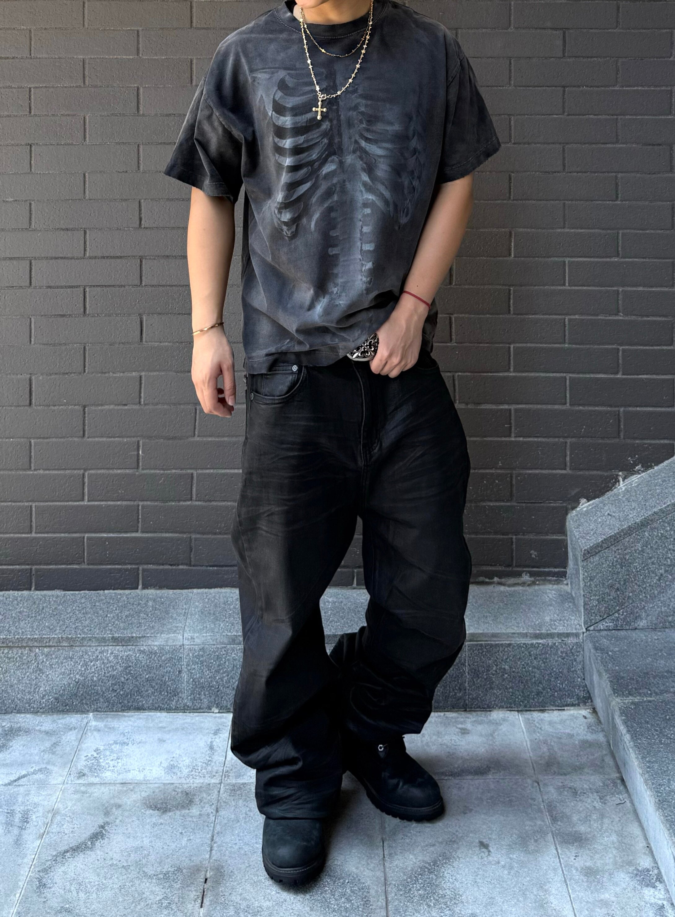 VINTAGE WASHED OVERSIZED HEAVYWEIGHT T‑SHIRT & SKELETON SCRIPTURE