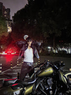 HEAVYWEIGHT ZIPPER OVERSIZED PADDED‑SHOULDER MOTOR LEATHER JACKET