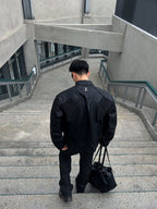 HEAVYWEIGHT ZIPPER OVERSIZED PADDED‑SHOULDER MOTOR LEATHER JACKET