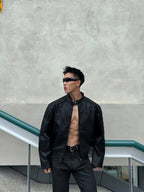HEAVYWEIGHT ZIPPER OVERSIZED PADDED‑SHOULDER MOTOR LEATHER JACKET