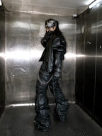 HEAVYWEIGHT ZIPPER OVERSIZED PADDED‑SHOULDER MOTOR LEATHER JACKET