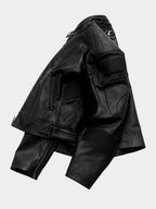 HEAVYWEIGHT ZIPPER OVERSIZED PADDED‑SHOULDER MOTOR LEATHER JACKET