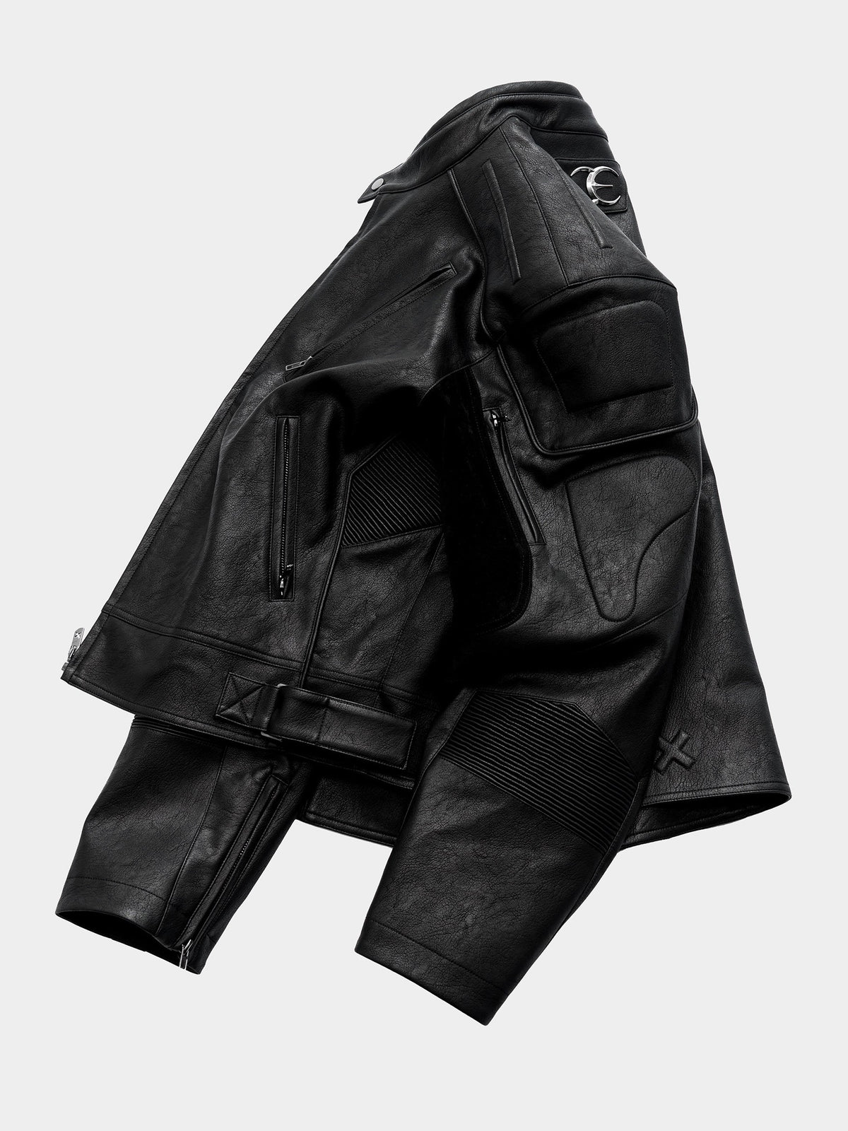 HEAVYWEIGHT ZIPPER OVERSIZED PADDED‑SHOULDER MOTOR LEATHER JACKET