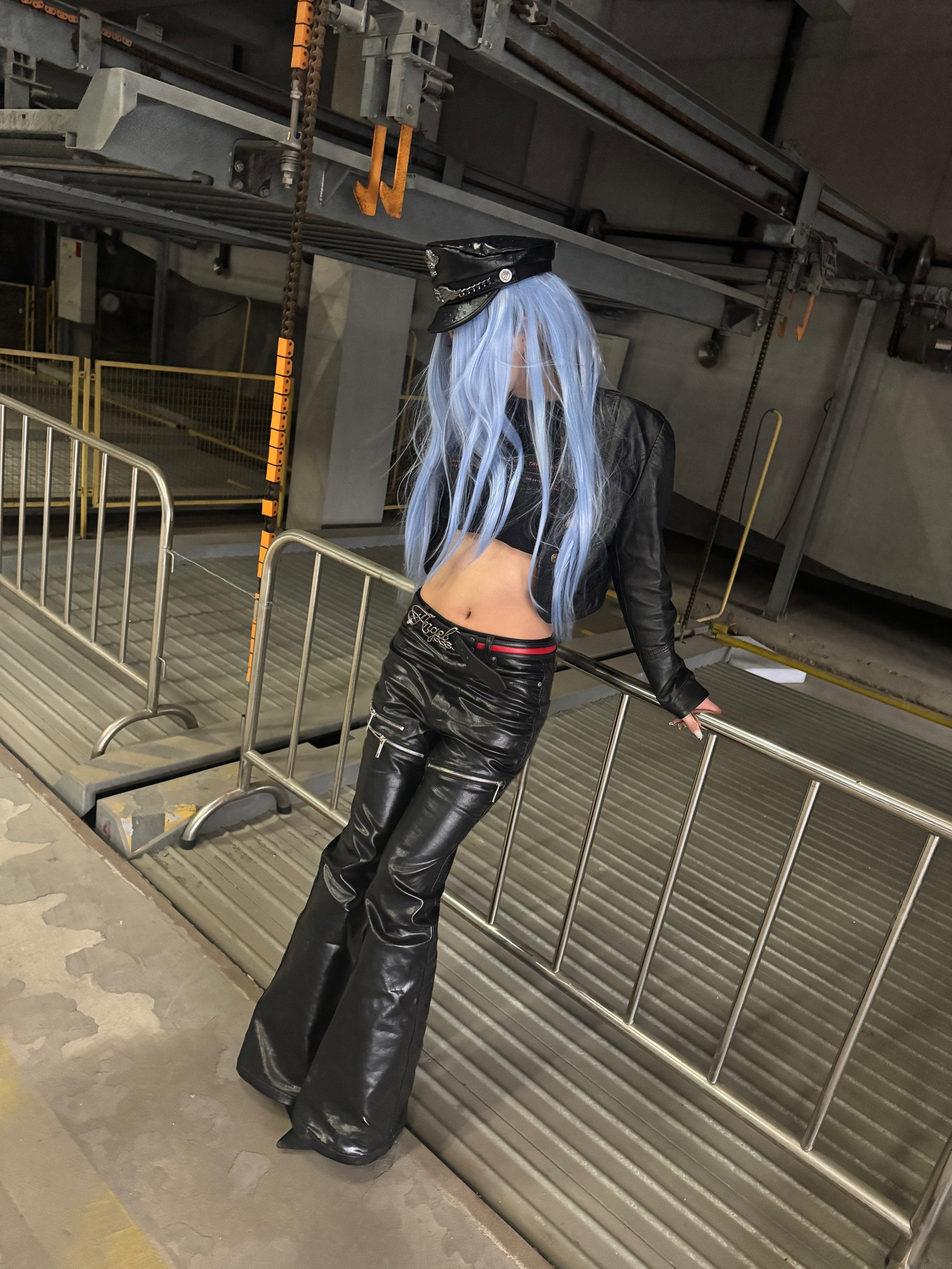BLACK LIQUID METAL COATED ZIPPER WAXED FLARED PANTS