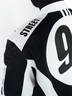 STAND COLLAR SPLICED RACING SUIT SHORT BIKER PU LEATHER JACKET