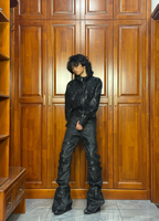 WAXED PATCHWORK STACKED STRAP DOUBLE‑WAIST CURVED SKINNY PANTS