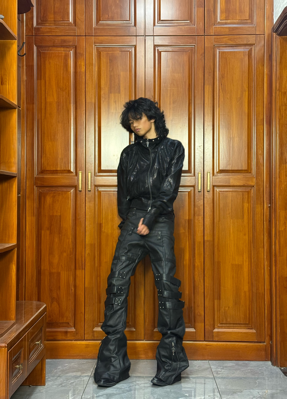 WAXED PATCHWORK STACKED STRAP DOUBLE‑WAIST CURVED SKINNY PANTS