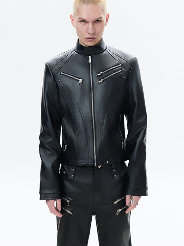 AVANT-GARDE DECONSTRUCTED SLIM-FIT CROPPED MULTI-ZIP LEATHER JACKET