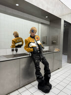 BLACK LIQUID METAL COATED ZIPPER WAXED FLARED PANTS