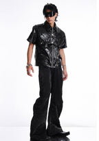 DARK PATCHWORK COLLARED LEATHER T-SHIRT