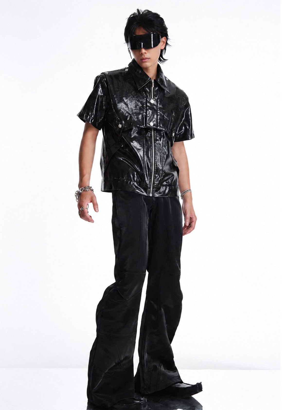 DARK PATCHWORK COLLARED LEATHER T-SHIRT