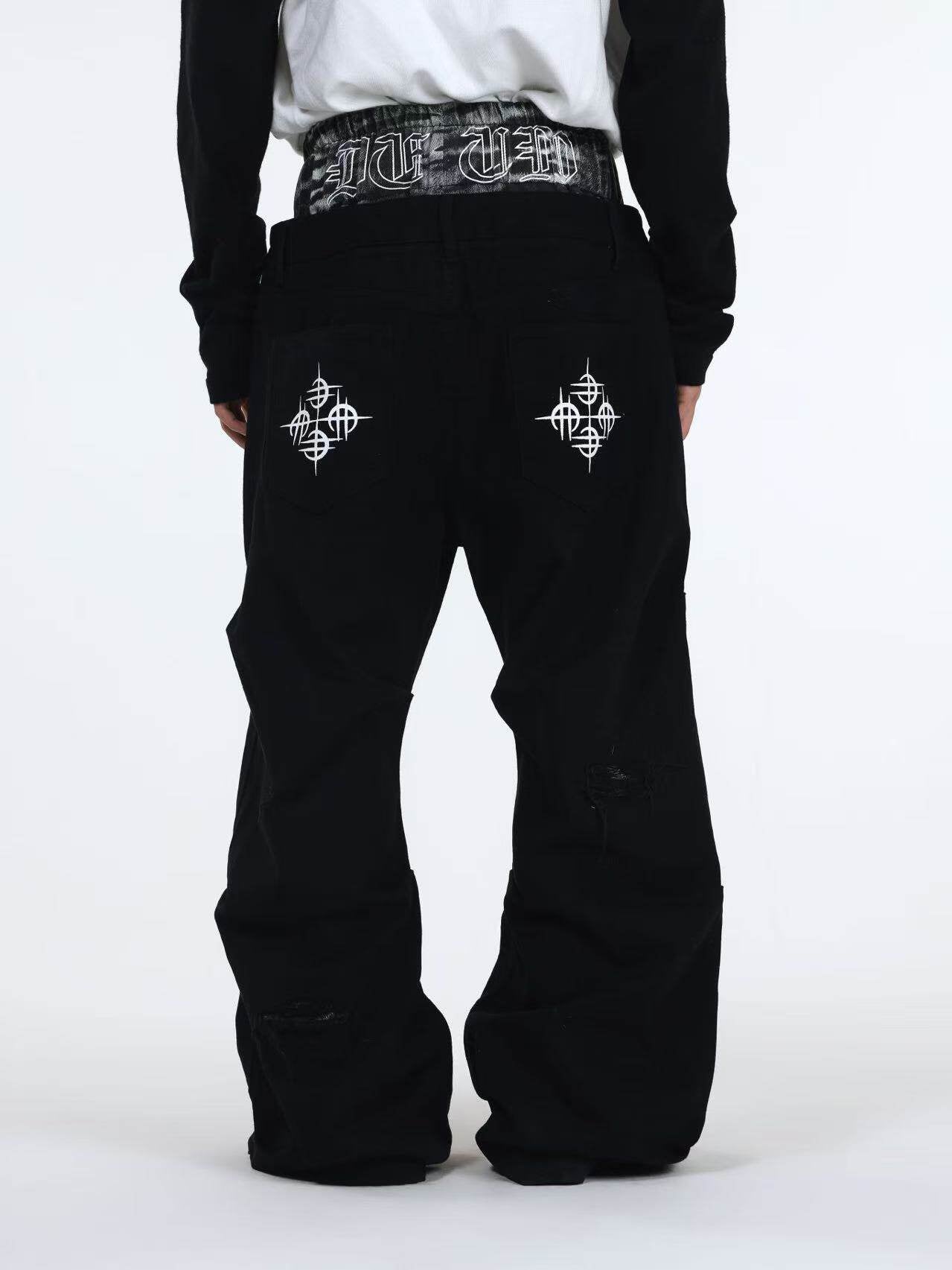 ROCK TIGER DOUBLE WAIST RIVET CURVED CUT JEANS