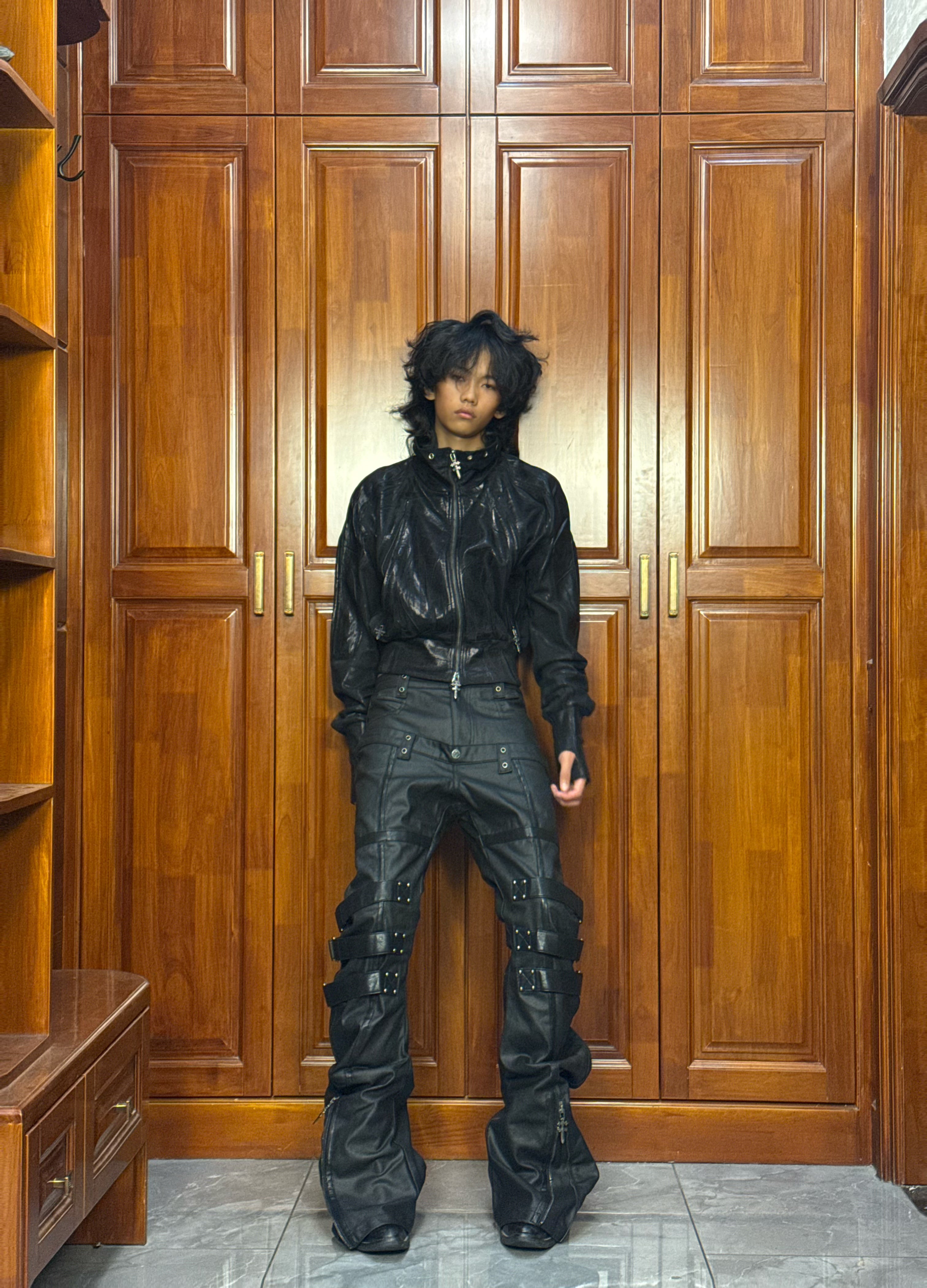 WAXED PATCHWORK STACKED STRAP DOUBLE‑WAIST CURVED SKINNY PANTS