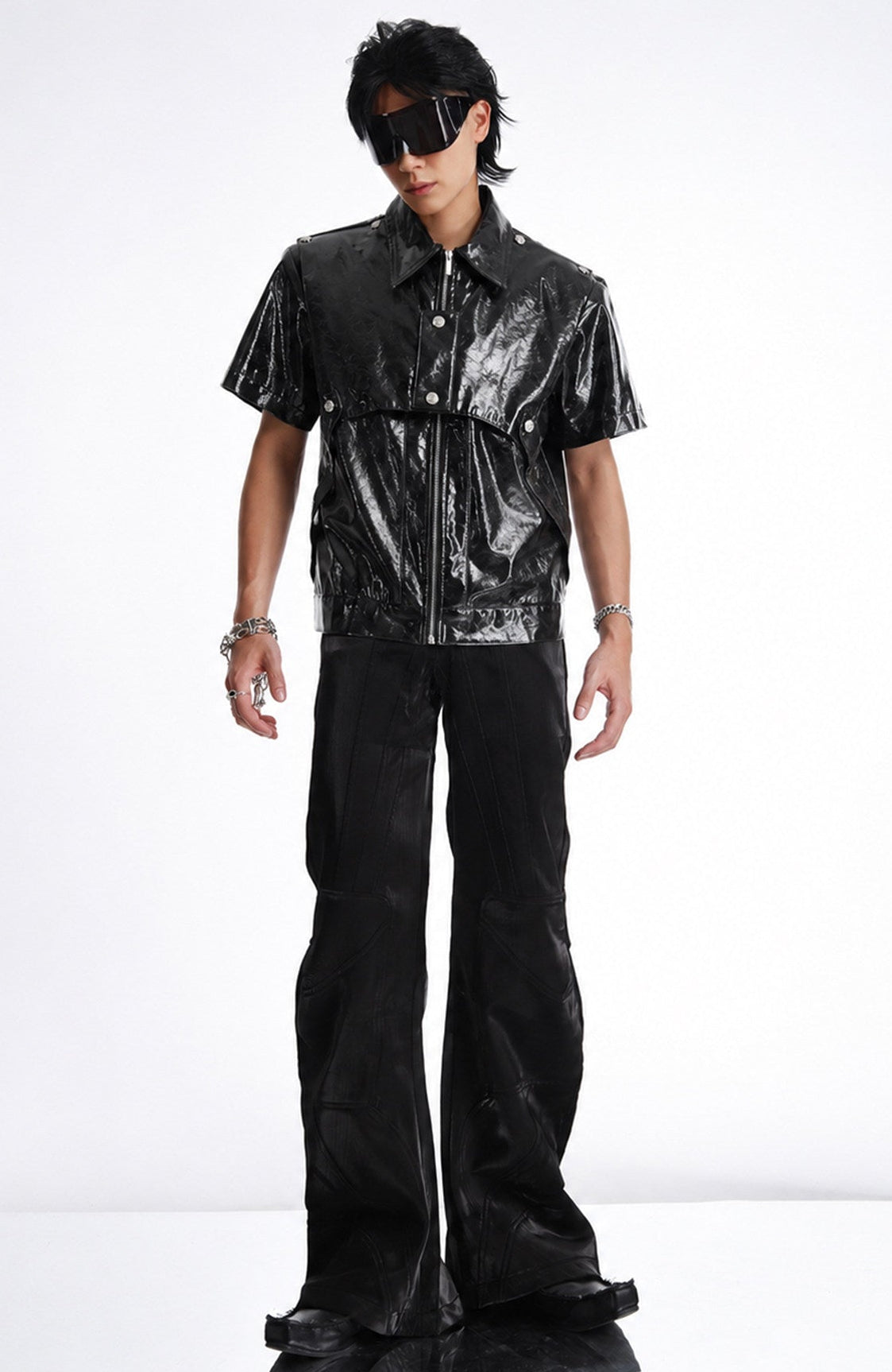 DARK PATCHWORK COLLARED LEATHER T-SHIRT