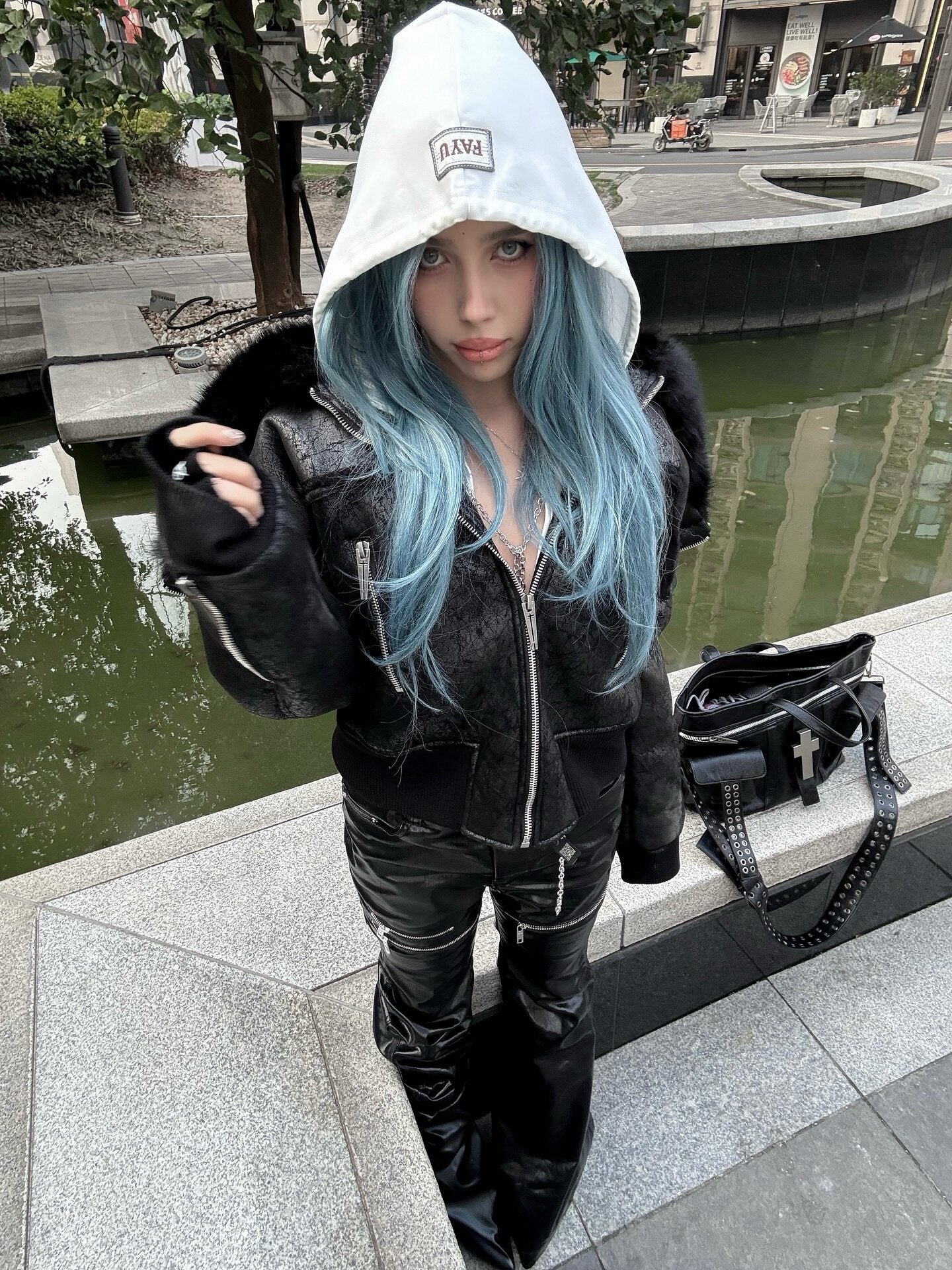 BLACK LIQUID METAL COATED ZIPPER WAXED FLARED PANTS