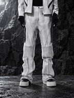 WASHED HIGH‑STREET NICHE SPLICED TECHWEAR LEATHER PANTS