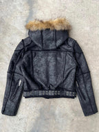 MULTI-ZIPPER REMOVABLE FUR COLLAR CRACKED LEATHER JACKET