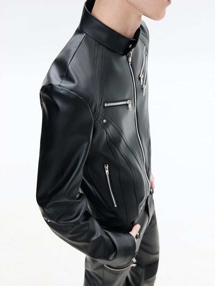 AVANT-GARDE DECONSTRUCTED SLIM-FIT CROPPED MULTI-ZIP LEATHER JACKET