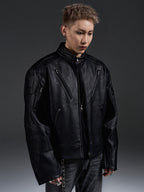 HEAVYWEIGHT ZIPPER OVERSIZED PADDED‑SHOULDER MOTOR LEATHER JACKET