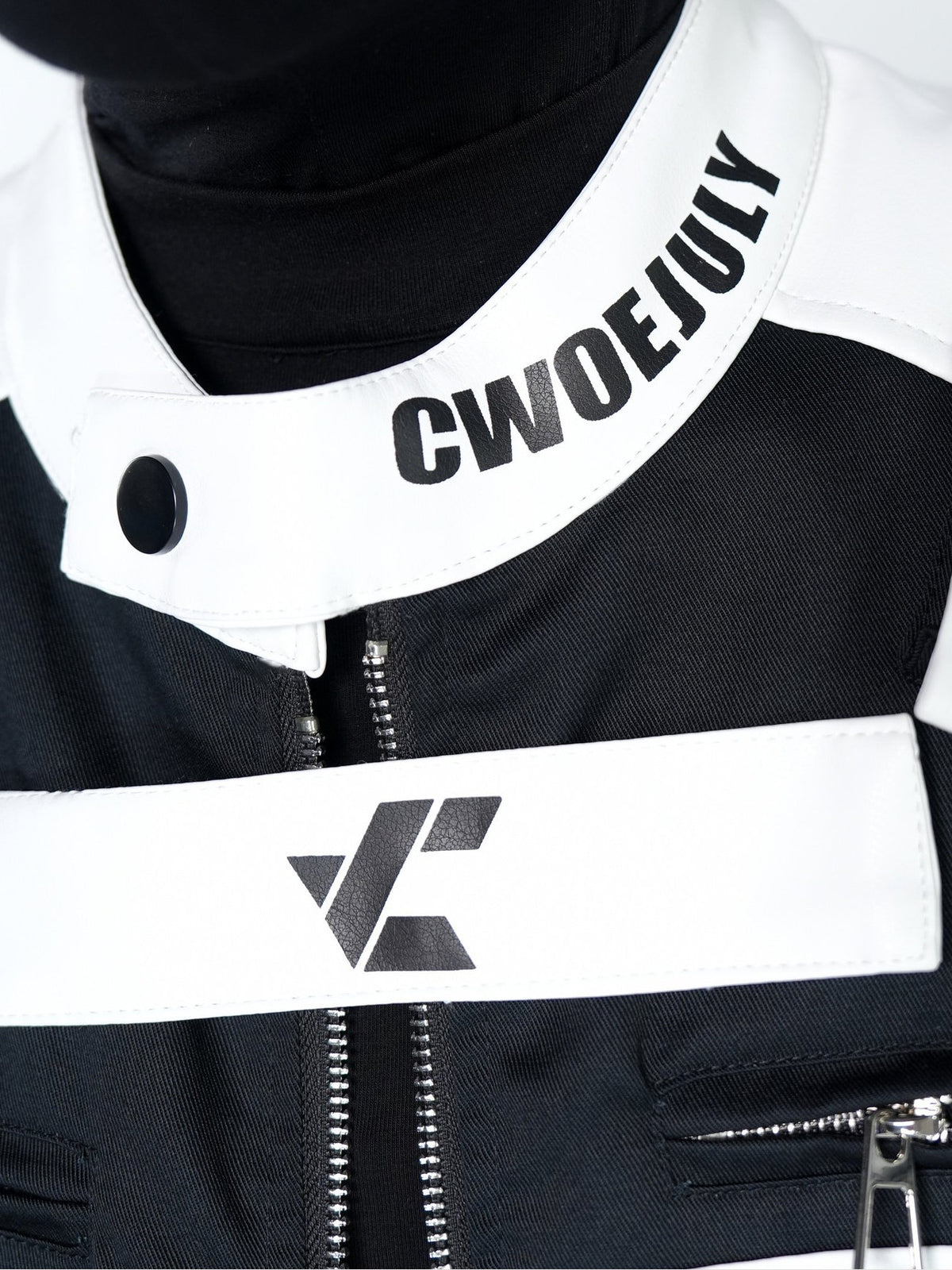 STAND COLLAR SPLICED RACING SUIT SHORT BIKER PU LEATHER JACKET