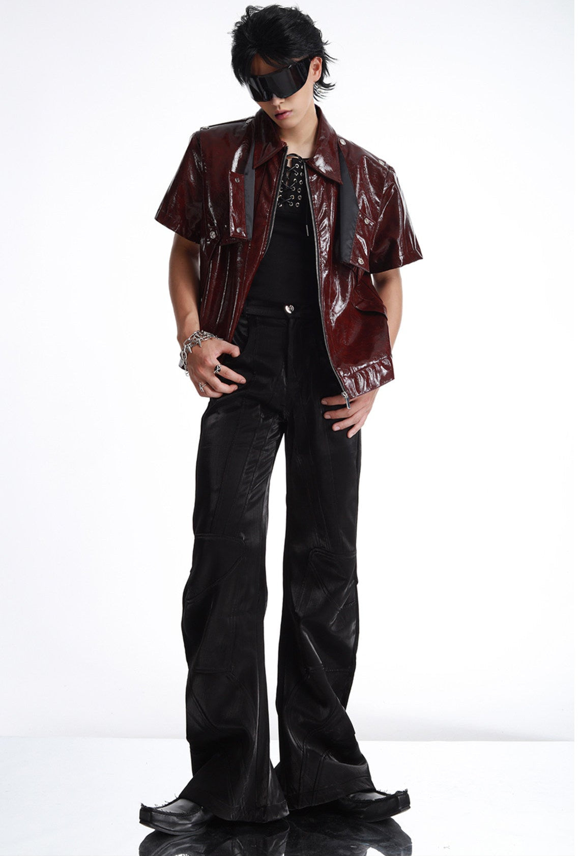 DARK PATCHWORK COLLARED LEATHER T-SHIRT