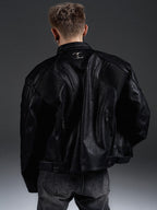HEAVYWEIGHT ZIPPER OVERSIZED PADDED‑SHOULDER MOTOR LEATHER JACKET