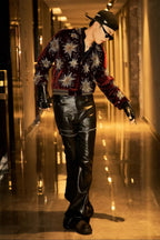 BLACK LIQUID METAL COATED ZIPPER WAXED FLARED PANTS