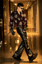 BLACK LIQUID METAL COATED ZIPPER WAXED FLARED PANTS