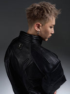 HEAVYWEIGHT ZIPPER OVERSIZED PADDED‑SHOULDER MOTOR LEATHER JACKET