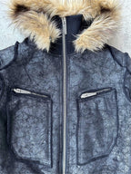 MULTI-ZIPPER REMOVABLE FUR COLLAR CRACKED LEATHER JACKET