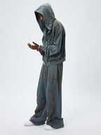 WASHED VINTAGE MUD‑DYED CROPPED OVERSIZED HOODIE