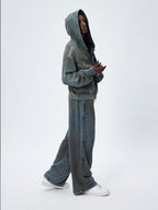 WASHED VINTAGE MUD‑DYED CROPPED OVERSIZED HOODIE