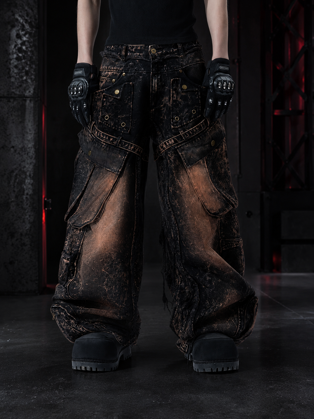 WASTERED MULTI‑POCKET RIVET DETAIL WIDE‑LEG CARGO PANTS Main image