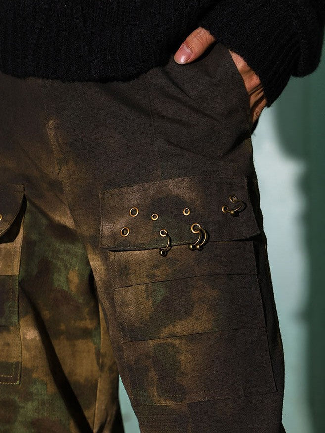 WASTELAND DIRTY DYE CARGO PANTS, FLARED CAMO WORK TROUSERS