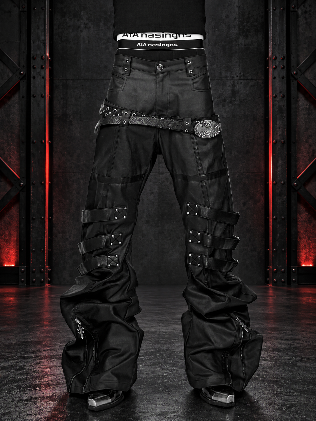 WAXED PATCHWORK STACKED STRAP DOUBLE‑WAIST CURVED SKINNY PANTS Main image