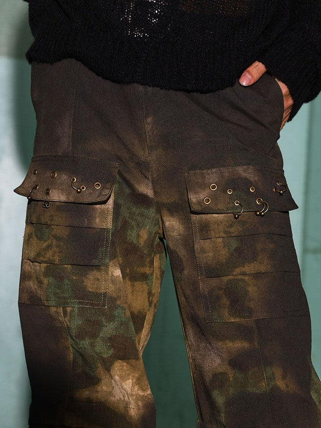 WASTELAND DIRTY DYE CARGO PANTS, FLARED CAMO WORK TROUSERS