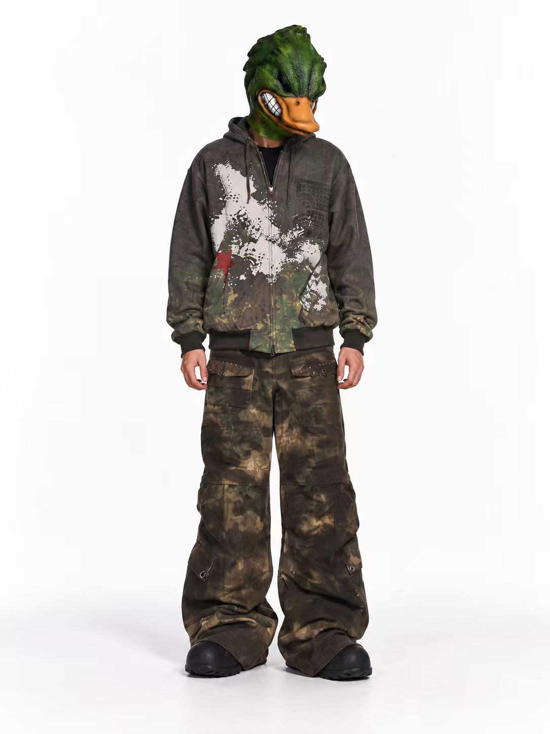 WASTELAND DIRTY DYE CARGO PANTS, FLARED CAMO WORK TROUSERS