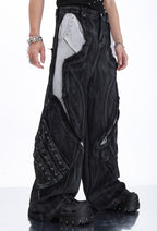 HEAVY-DUTY DRAGON SCALE 3D RAW-EDGE PATCHWORK WASHED JEANS