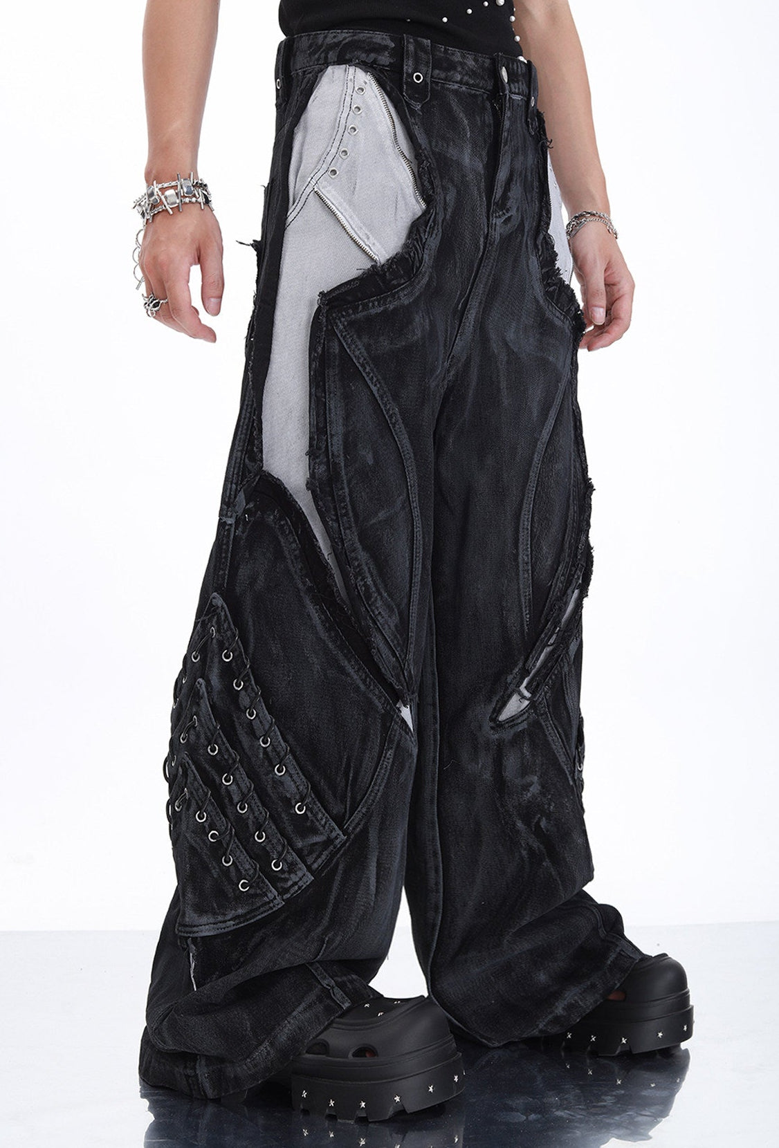 HEAVY-DUTY DRAGON SCALE 3D RAW-EDGE PATCHWORK WASHED JEANS