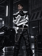 STAND COLLAR SPLICED RACING SUIT SHORT BIKER PU LEATHER JACKET