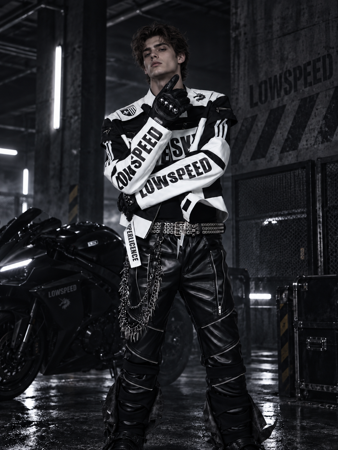 STAND COLLAR SPLICED RACING SUIT SHORT BIKER PU LEATHER JACKET