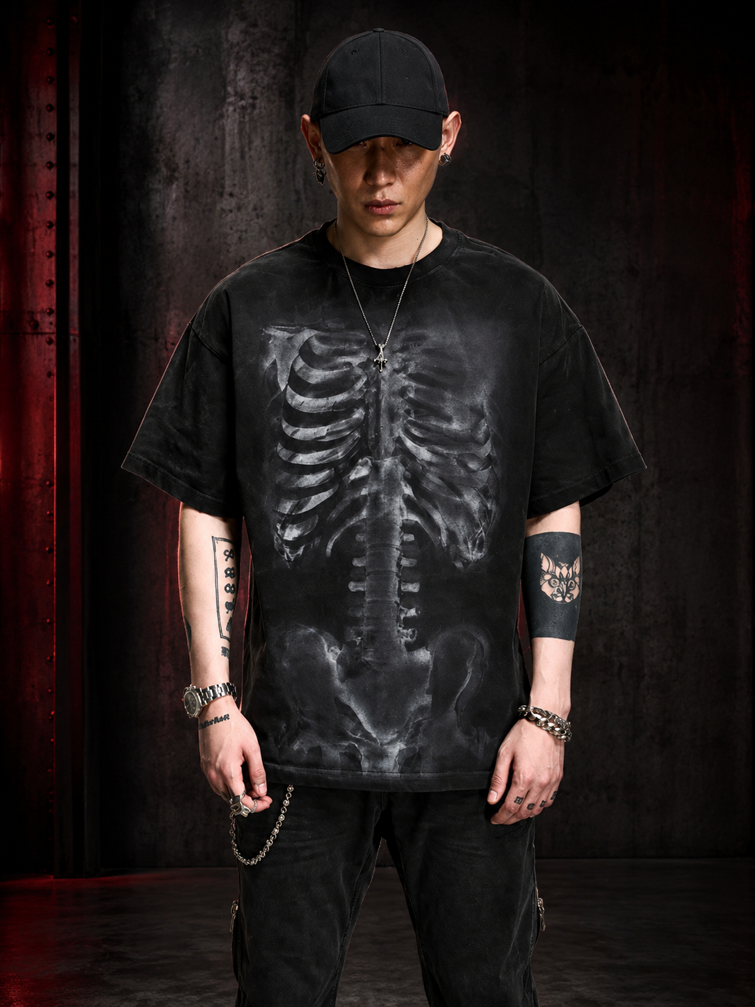 VINTAGE WASHED OVERSIZED HEAVYWEIGHT T‑SHIRT & SKELETON SCRIPTURE