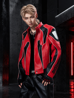 BIKER PU LEATHER COLLAR CROPPED RACING JACKET