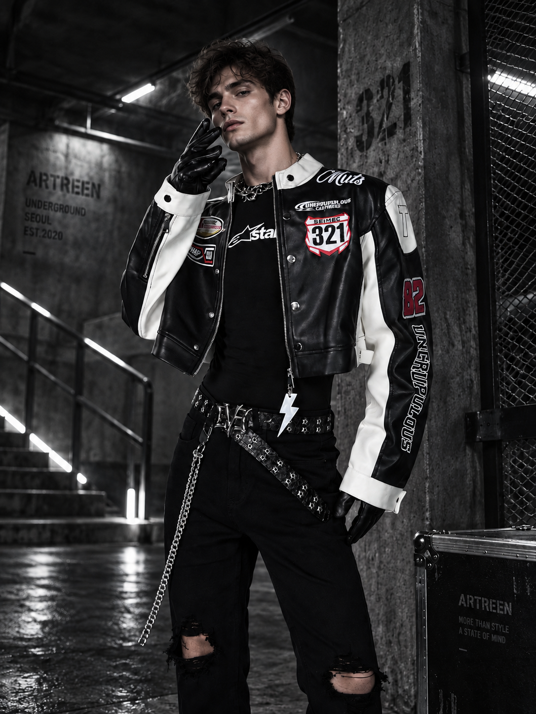 VINTAGE BIKER PU LEATHER EMBROIDERED STAND COLLAR CROPPED RACING JACKET Main image