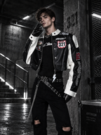 VINTAGE BIKER PU LEATHER EMBROIDERED STAND COLLAR CROPPED RACING JACKET