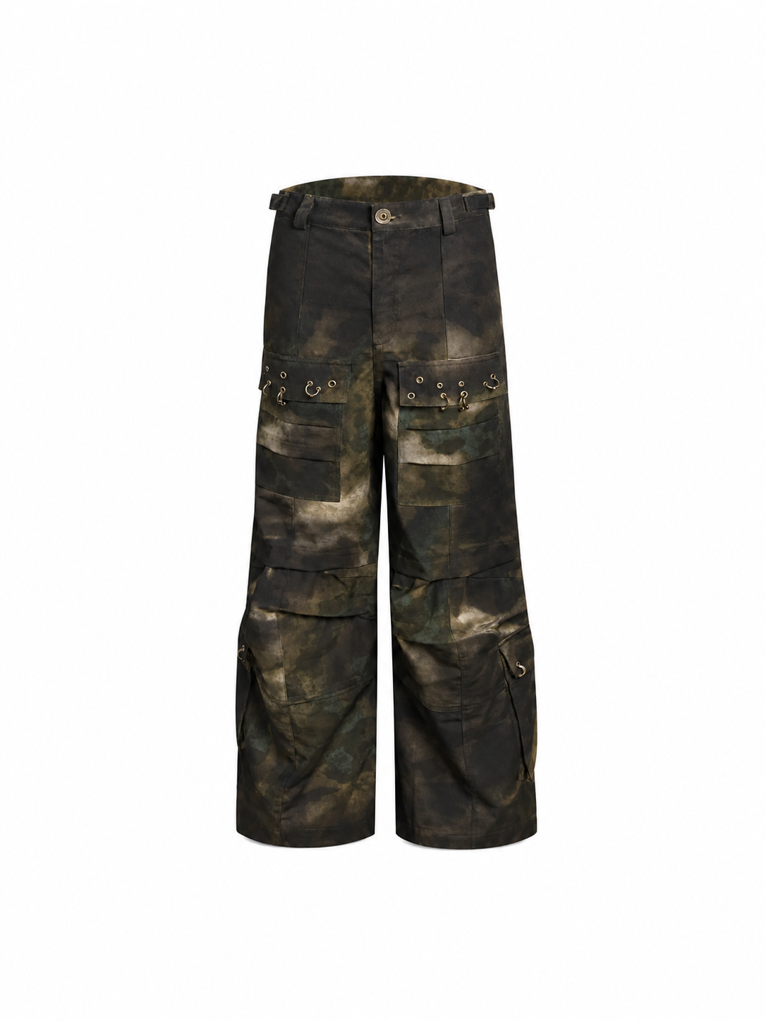 WASTELAND DIRTY DYE CARGO PANTS, FLARED CAMO WORK TROUSERS