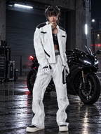 WASHED HIGH‑STREET NICHE SPLICED TECHWEAR GREY FAUX LEATHER SET