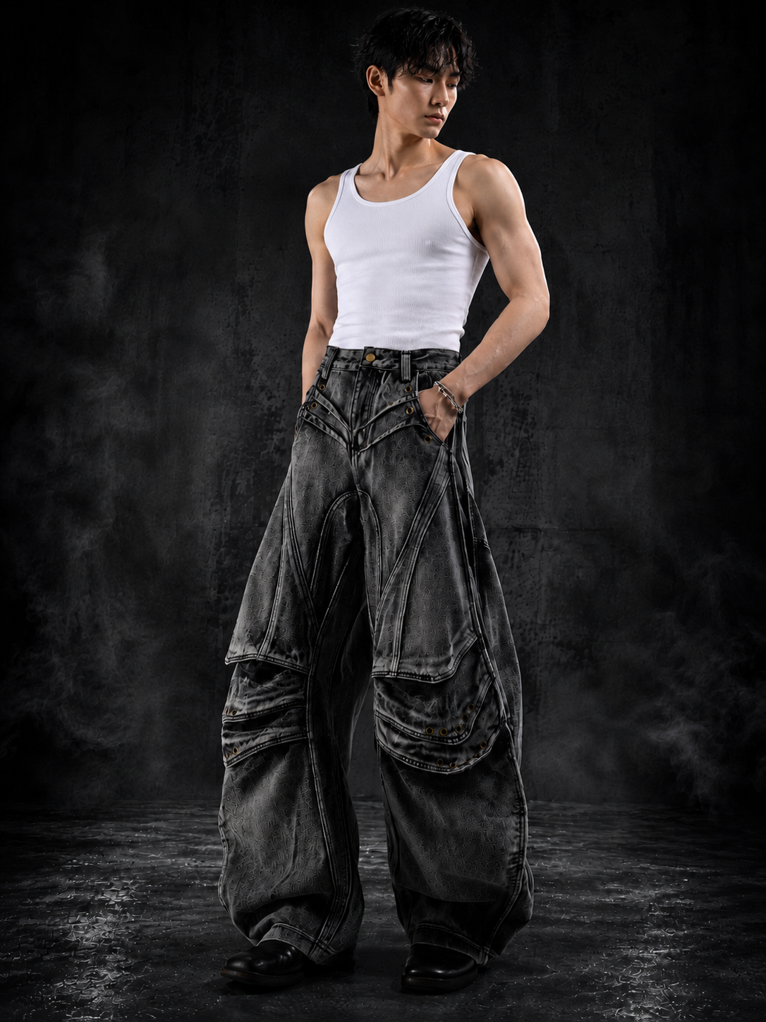 VINTAGE DISTRESSED UNISEX RIPPED WIDE‑LEG CARGO DENIM PANTS