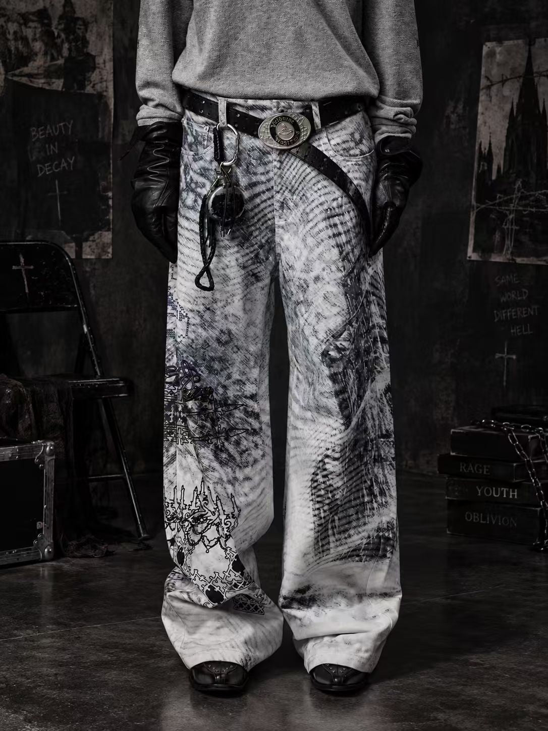 VINTAGE BLIZZARD PRINT BRUSHED TWILL WHITE STRAIGHT LEG DENIM PANTS Main image
